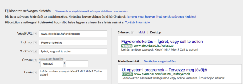 Adwords hirdetésszöveg