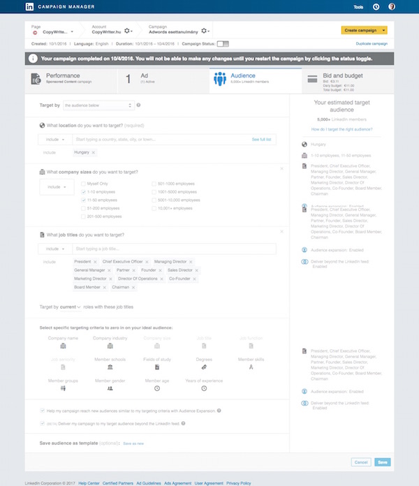 LinkedIn hirdetéskezelő: célzási lehetőségek