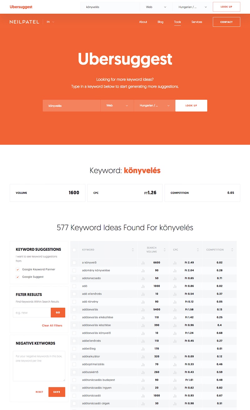 Kulcsszókutatás az ingyenes Ubersuggesttel