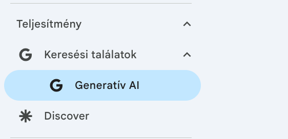 Search Console menü: Teljesítmény, Keresési találatok, alatta a Generatív AI aljelentés