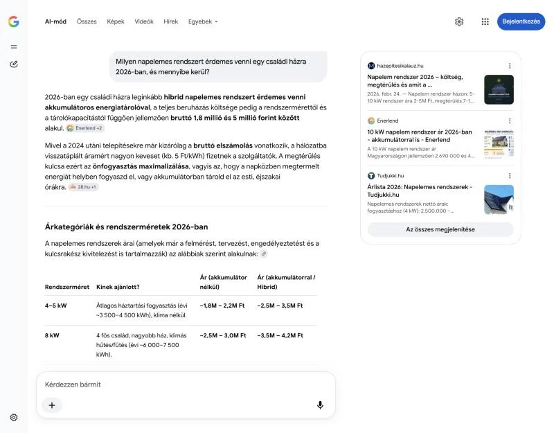 Az AI-mód válasza egy napelemes kérdésre, jobb oldalt a forráskártyákkal