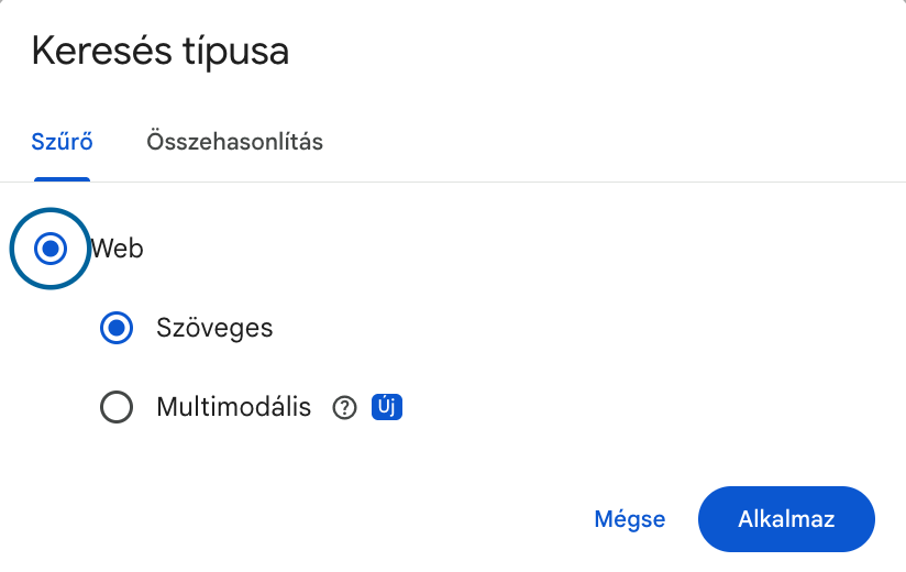 Keresés típusa szűrő a Search Console AI-jelentésében: Web, Szöveges vagy Multimodális
