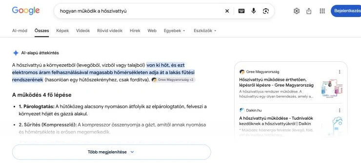 Az AI-alapú áttekintés a hagyományos találati oldal tetején
