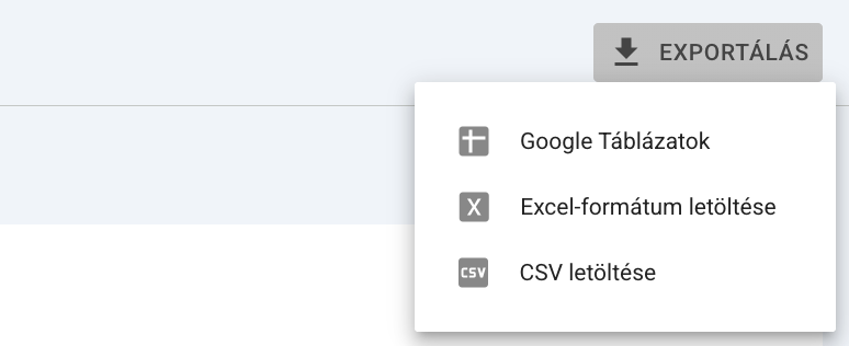 Exportálás menü a Search Console AI-jelentésében: Google Táblázatok, Excel, CSV