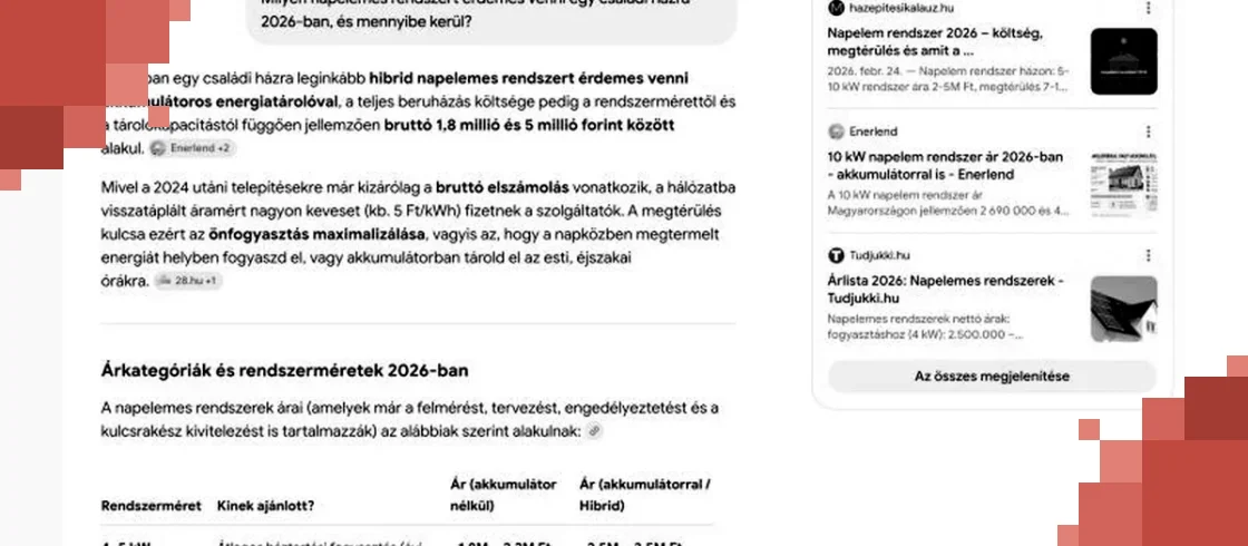 A Google AI-mód válasza egy napelemes kérdésre, forráskártyákkal