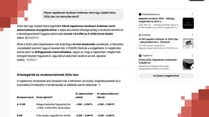 A Google AI-mód válasza egy napelemes kérdésre, forráskártyákkal