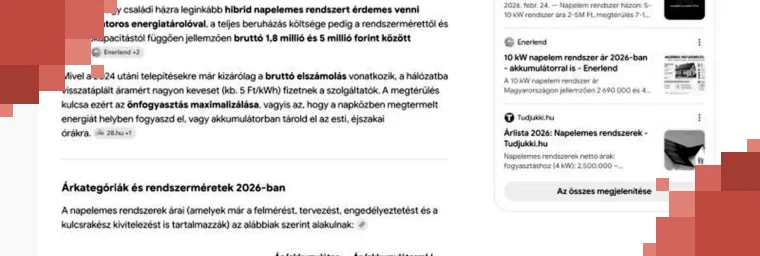 A Google AI-mód válasza egy napelemes kérdésre, forráskártyákkal